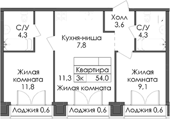 2-комнатная квартира 54 м², 9/9 эт., ЖК «Лермонтовский 54»